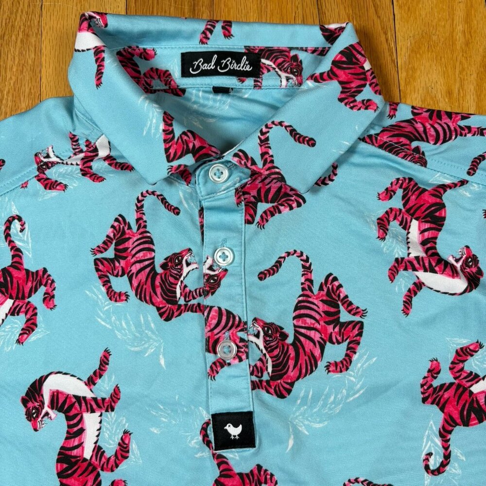Bad Birdie Polo Shirt Mens Small Blue Tiger All Over Print Golf Performance - Picture 5 of 16